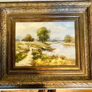 26 x 22 Large Vintage Oil Painting Landscape River Trees Boat Ornate Hand Paint